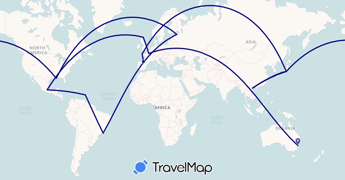TravelMap itinerary: driving in Australia, Brazil, Spain, France, United Kingdom, Japan, Martinique, Mexico, Russia, United States, Vietnam (Asia, Europe, North America, Oceania, South America)